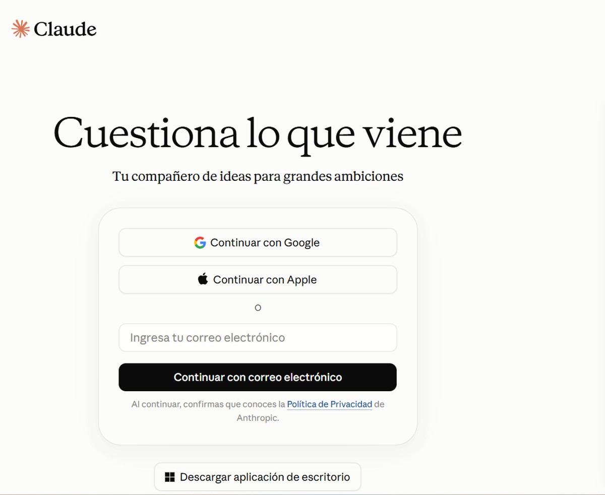 Captura pendiente: pantalla de entrada de claude.ai, con las tres maneras de entrar